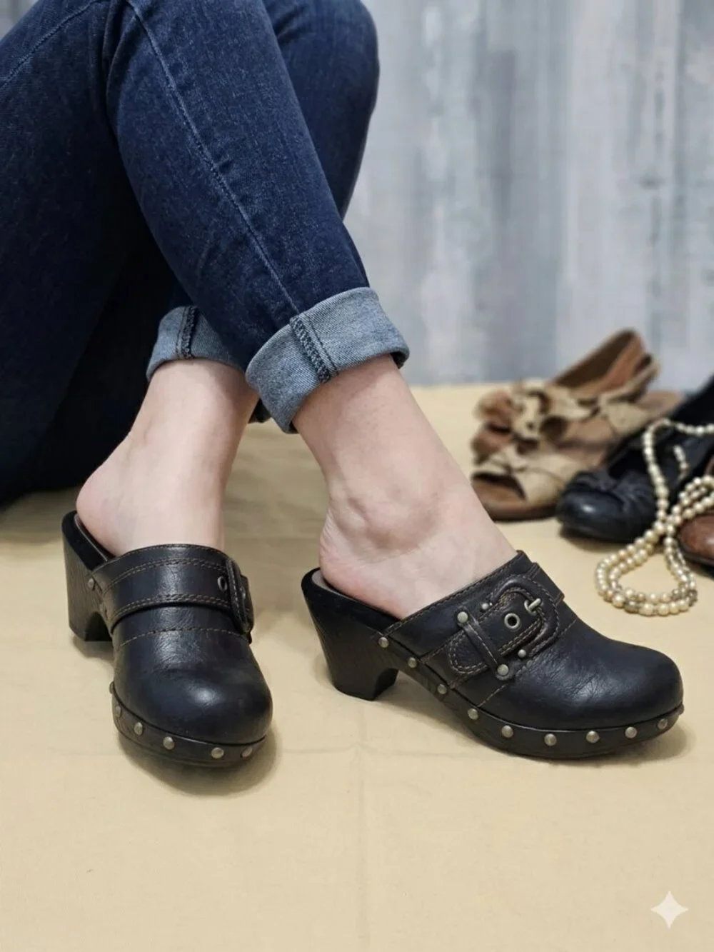 Curfew Black Studded Buckle Clogs Y2K Boho Mule Heels Women's – Size 6 - Picture 2 of 8